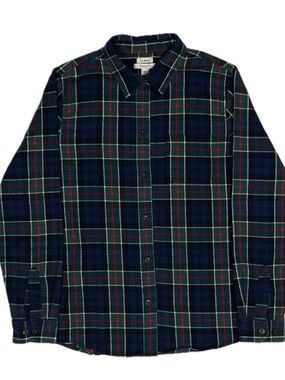 LL Bean 100% cotton navy green red plaid relaxed fit flannel shirt womens medium